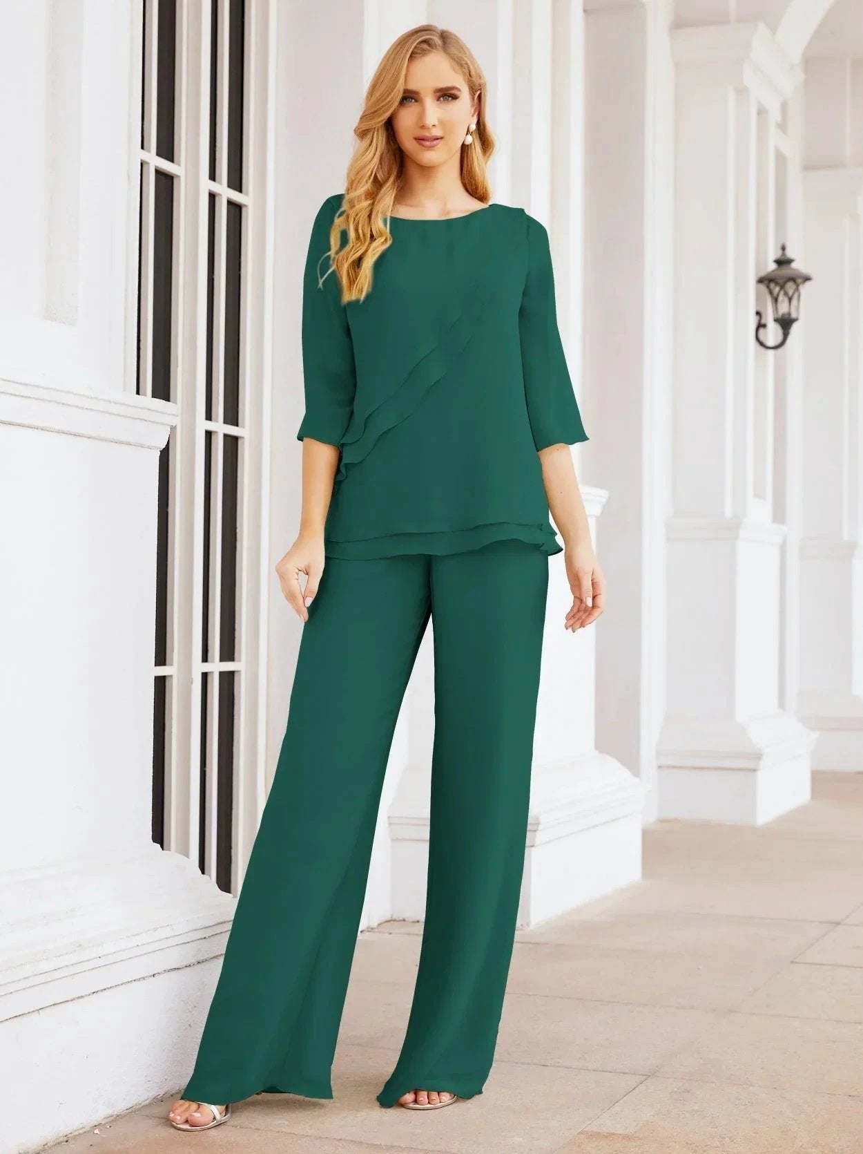 Sunnderly Elegant 2 Piece Mother of The Bride Dress Plus Size Pant Suits Ruffle Layers Sliver Housecoat SY28064