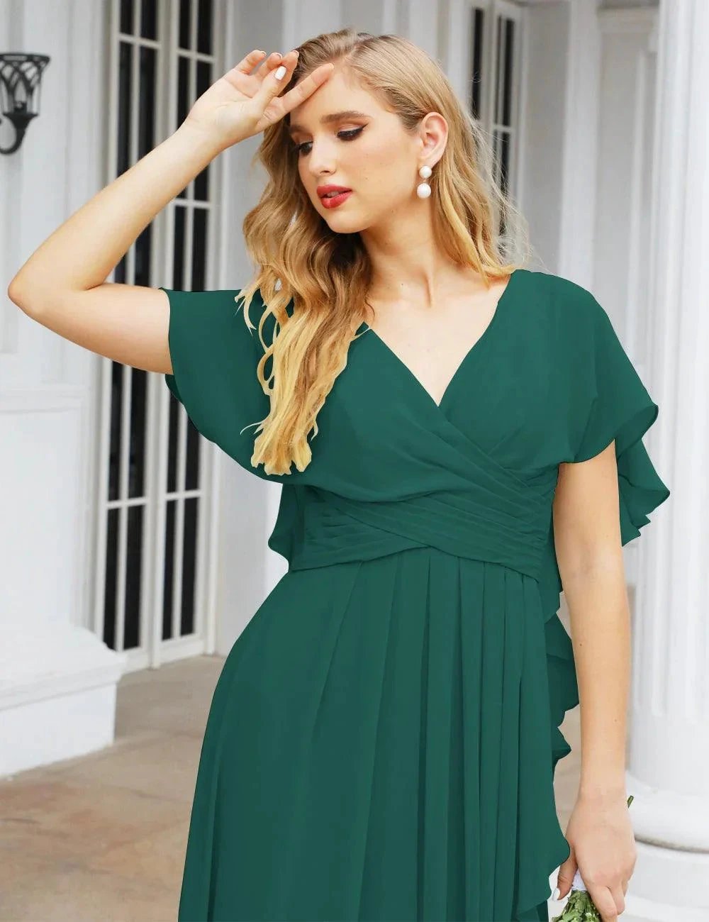 Numbersea Chiffon Bridesmaid Dresses Long Formal Evening Prom Mother of The Bride Dress with Flutter Sleeve     SEA28040