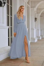 Ladies V Neck Chiffon Long Sleeve Front Slit Bridesmaid Evening Dress Wedding Party Shopping Evening Dress 28109