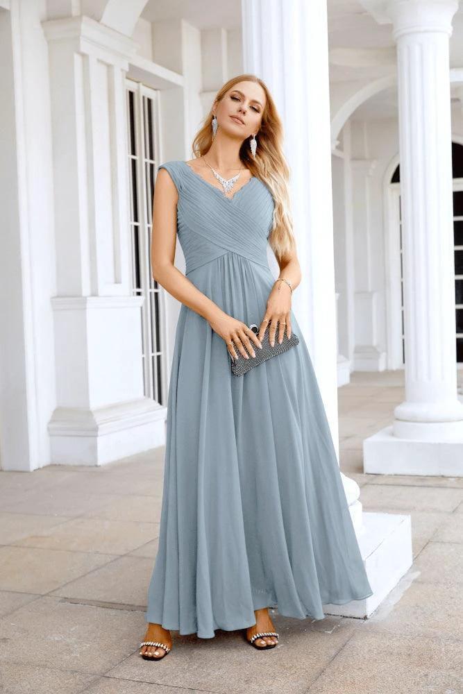 Ladies Chiffon V Neck Sleeveless Floor Length Bridesmaid Evening Dress Wedding Party Evening Dress 28126
