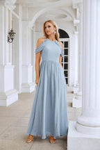 Ladies Chiffon Off Shoulder Swing Sleeve Front Slit Bridesmaid Evening Dress Wedding Party Evening Dress 28117