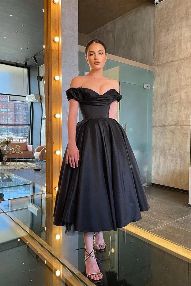 A-line Sleek and Stunning Off-the-Shoulder Black Prom Dress with Ruffle