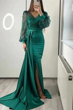 Long Sleeves V-neck Satin Mermaid Prom Dresses with Split