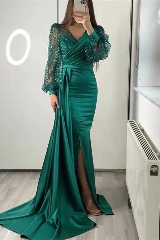 Long Sleeves V-neck Satin Mermaid Prom Dresses with Split