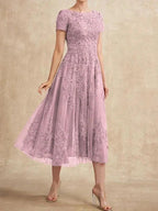 A-line Scoop Tea-Length Tulle Lace Mother of the Bride Dress