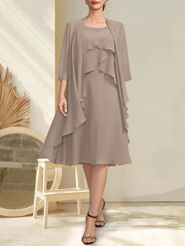 A-line Scoop Knee-Length Chiffon Mother of the Bride Dress With Beading