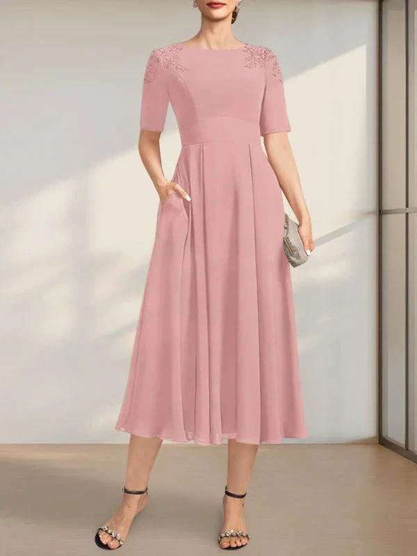 A-line Scoop Tea-Length Chiffon Mother of the Bride Dress With Appliques Lace Sequins