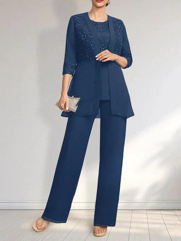 Jumpsuit/Pantsuit Separates Scoop Floor-Length Chiffon Lace Mother of the Bride Dress With Sequins