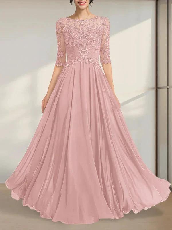 A-line Scoop Illusion Floor-Length Chiffon Lace Mother of the Bride Dress With Pleated Sequins