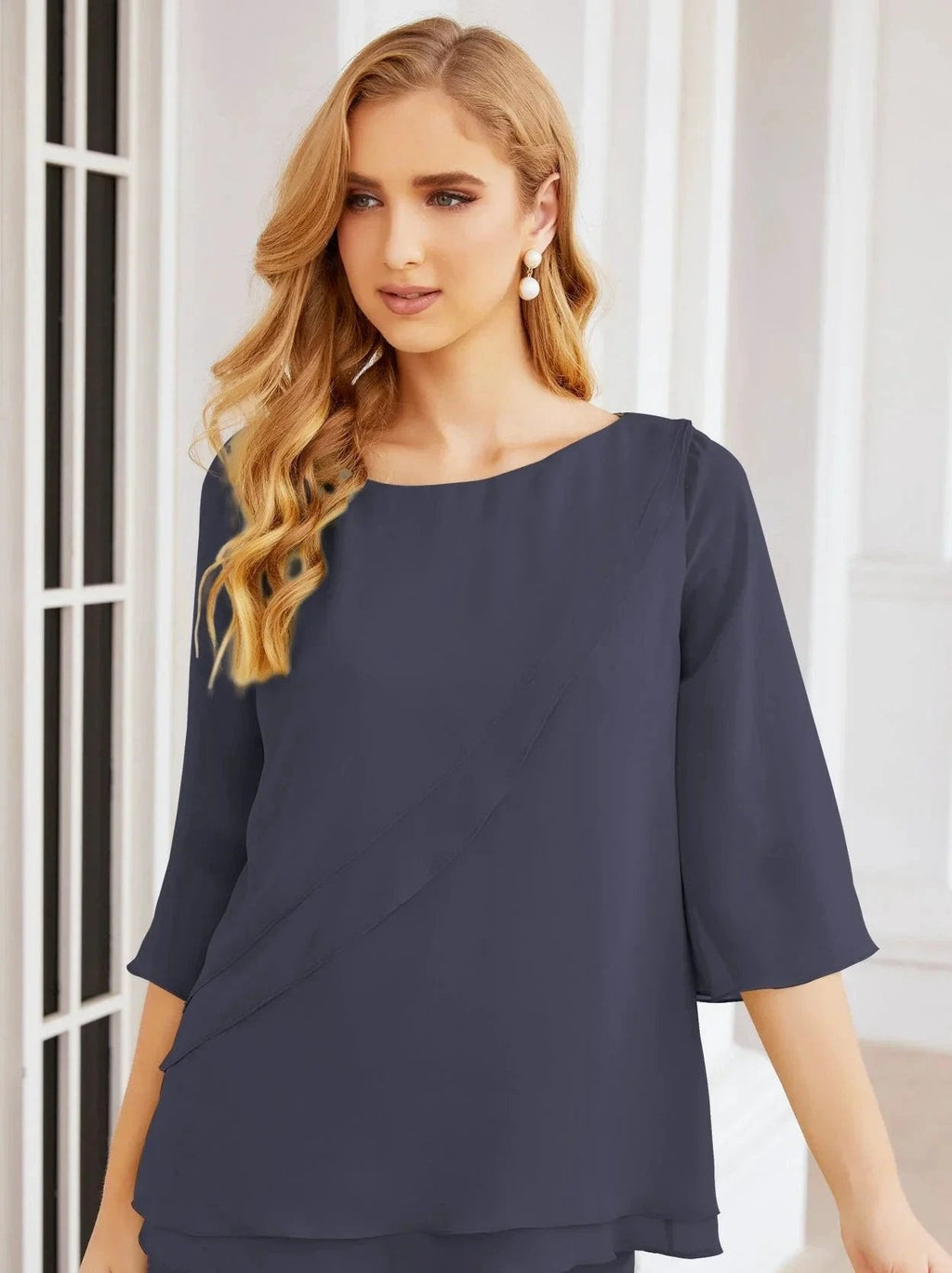 Sunnderly Elegant 2 Piece Mother of The Bride Dress Plus Size Pant Suits Ruffle Layers Sliver Housecoat SY28064