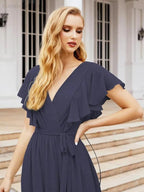 Numbersea Women's Open Back Formal Evening Party Prom Gowns V-Neck Long Chiffon Bridesmaid Dresses with Waist Belt 28038