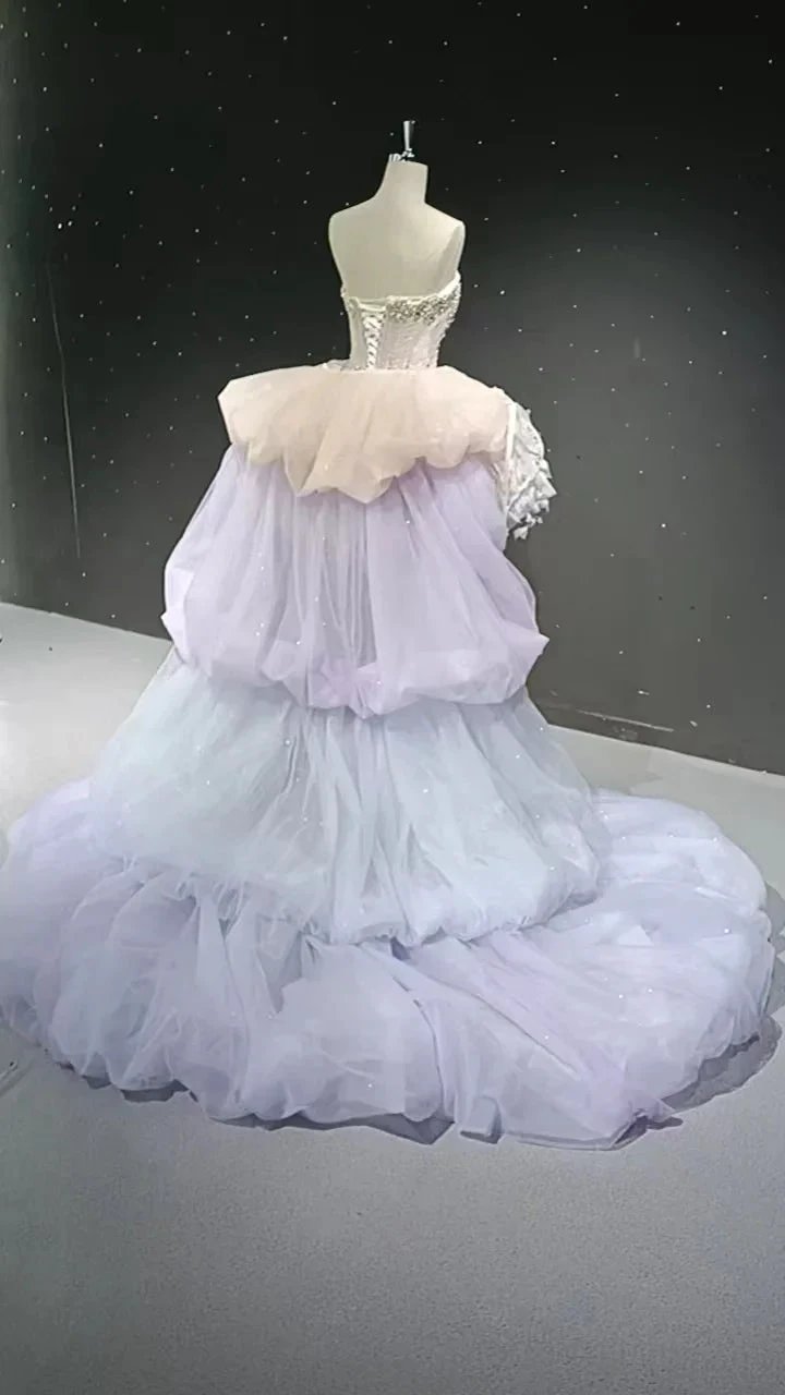 Starry veil feather crystal embellished flower bud dress