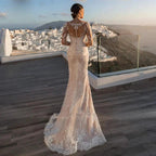 Gorgeous Long Sleeve Lace Mermaid Wedding Dresses  Luxury Appliques Button Removable Train Horn Bridal Gowns Robe De Mariée