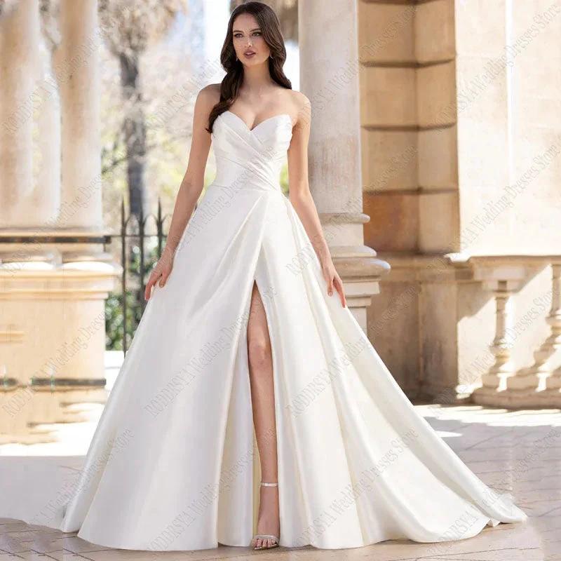 Strapless Satin Wedding Dresses For Women Bridal Party Gowns Sexy High Slit Modern Custom Made 2023