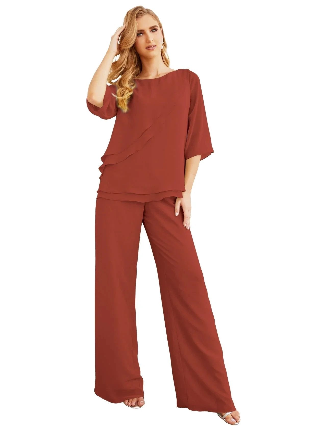 Sunnderly Elegant 2 Piece Mother of The Bride Dress Plus Size Pant Suits Ruffle Layers Sliver Housecoat SY28064