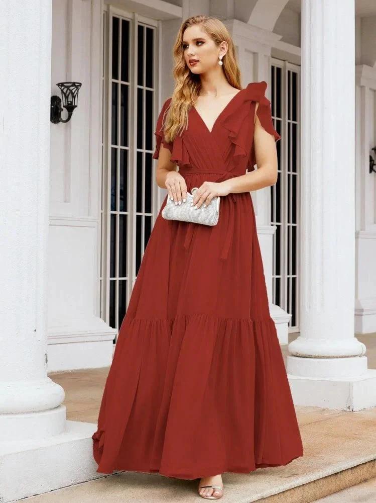 Numbersea Women's Open Back Formal Evening Party Prom Gowns V-Neck Long Chiffon Bridesmaid Dresses with Waist Belt 28038