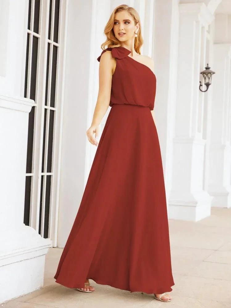 Numbersea Chiffon Ruffled One Shoulder Sleeveless Long Bride Dresses A-line Formal Evening Gown Side Split 28057