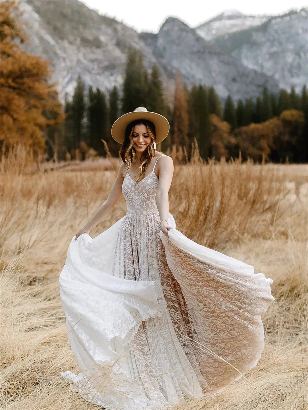 Straps Bohemian Wedding Dresses For Women Sleeveless V Neck A Line Beach Bride Dresses Romantic Boho Bridal Gown