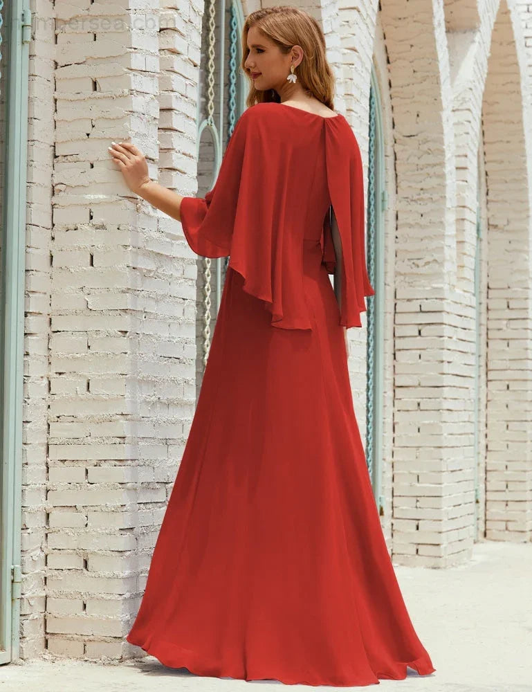 Sunnderly  Bridesmaid Dress Women Long Sleeve V-Neck Chiffon Formal Wedding Party Dress SY28018