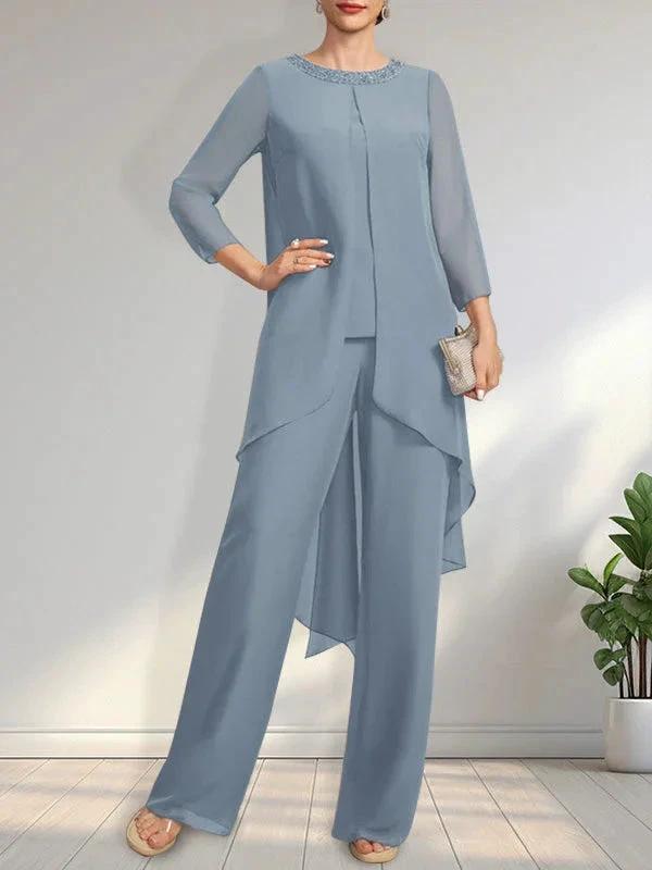 Separates Jumpsuit/Pantsuit Scoop Floor-Length Chiffon Mother of the Bride Dress With Sequins Beading