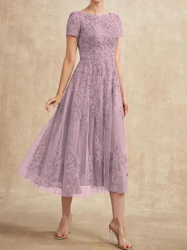A-line Scoop Tea-Length Tulle Lace Mother of the Bride Dress