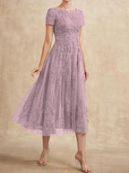 A-line Scoop Tea-Length Tulle Lace Mother of the Bride Dress