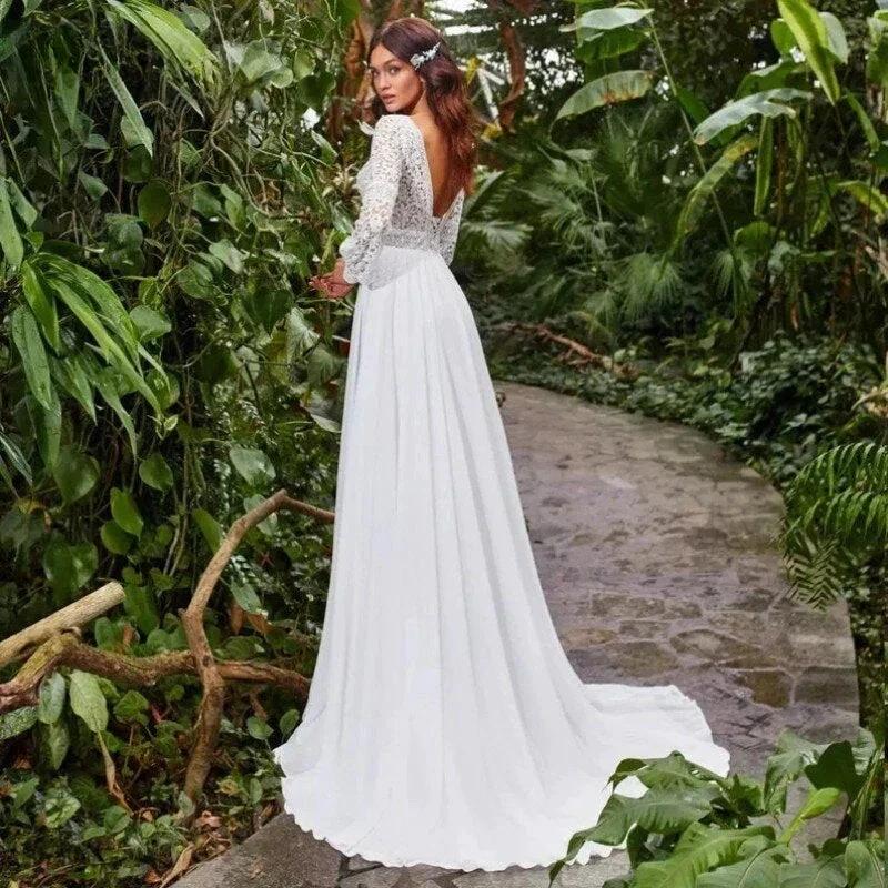 Bohemian Sweetheart Wedding Dresses A-Line Long Sleeve White Lace Applique Chiffon Backless Bridal Gown Train Vestidos De Novia