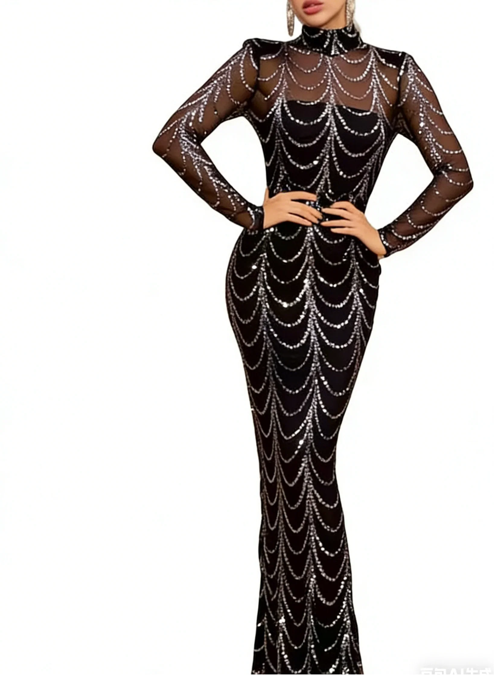 Black Silver Sequin Turtleneck Mesh Long Sleeve Mermaid Dress Evening Gown