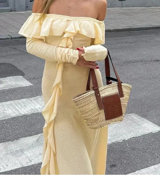 Classy Off The Shoulder Ruffles Cream Long Prom Dress Slit Party Evening Dress Y7975