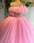 pink prom dresses, ruffle prom dresses, ball gown,puffy prom dresses, tulle evening dresses, new arrival evening dresses Y1492