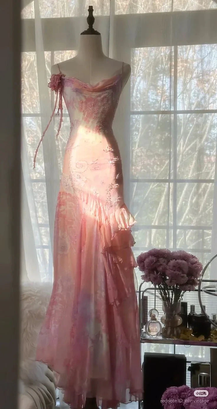 Pretty Pink Chiffon Beaded Mermaid Prom Dress Long Evening Dress Y8425