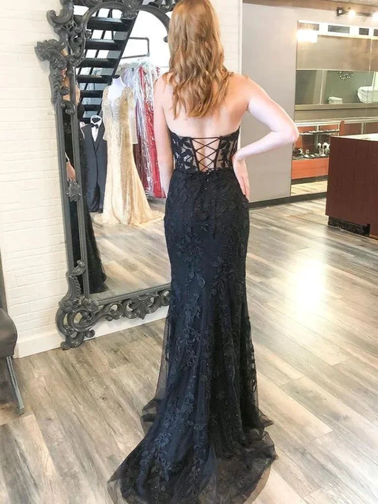 Mermaid Open Back Black Lace Long Prom Dresses, Strapless Black Formal Dresses, Black Lace Evening Dresses Y1794