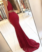 Elegant Burgundy Mermaid Lace Evening Dresses Y771