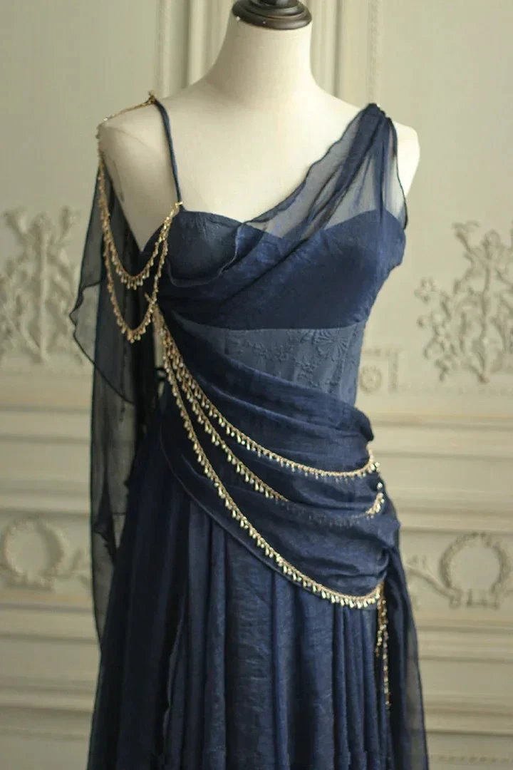 Vintage Navy Blue Chiffon A Line Prom Dress Evening Dress Y8292