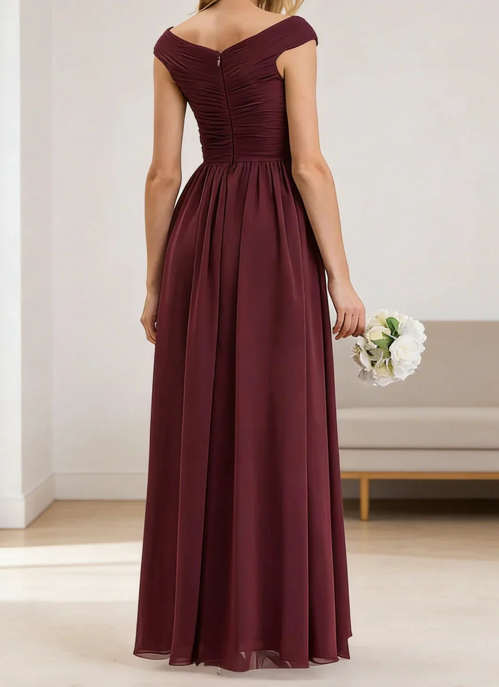 Burgundy Chiffon Off Shoulder Bridesmaid Gown