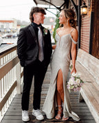 Rosemary | Cold Shoulder Black Beaded Slit Mermaid Prom Dress