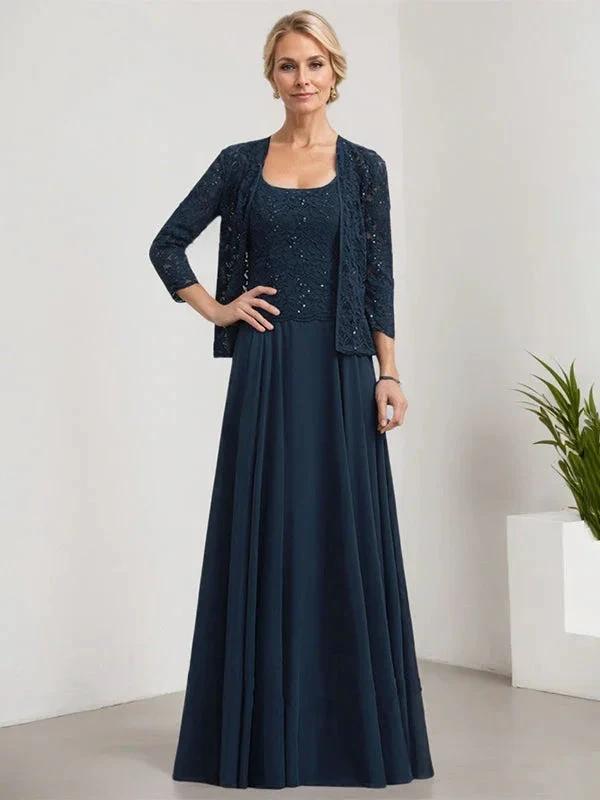 A-line Square Floor-Length Lace Chiffon Mother of the Bride Dress With Sequins