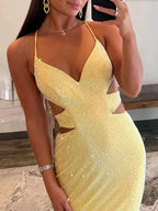 Glint | Sparkly Mermaid V Neck Yellow Sequins Long Prom Dresses