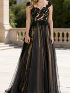 Enchanting Black Lace and Tulle Formal Evening Gown