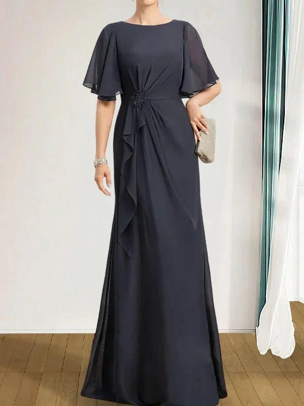 A-line Scoop Floor-Length Chiffon Mother of the Bride Dress With Cascading Ruffles Beading Sequins