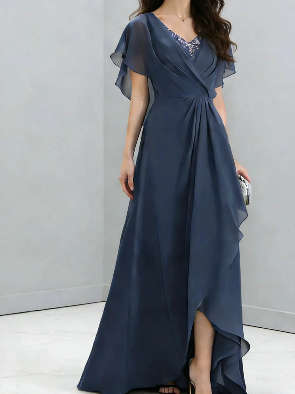 Navy Blue Chiffon Formal Gown