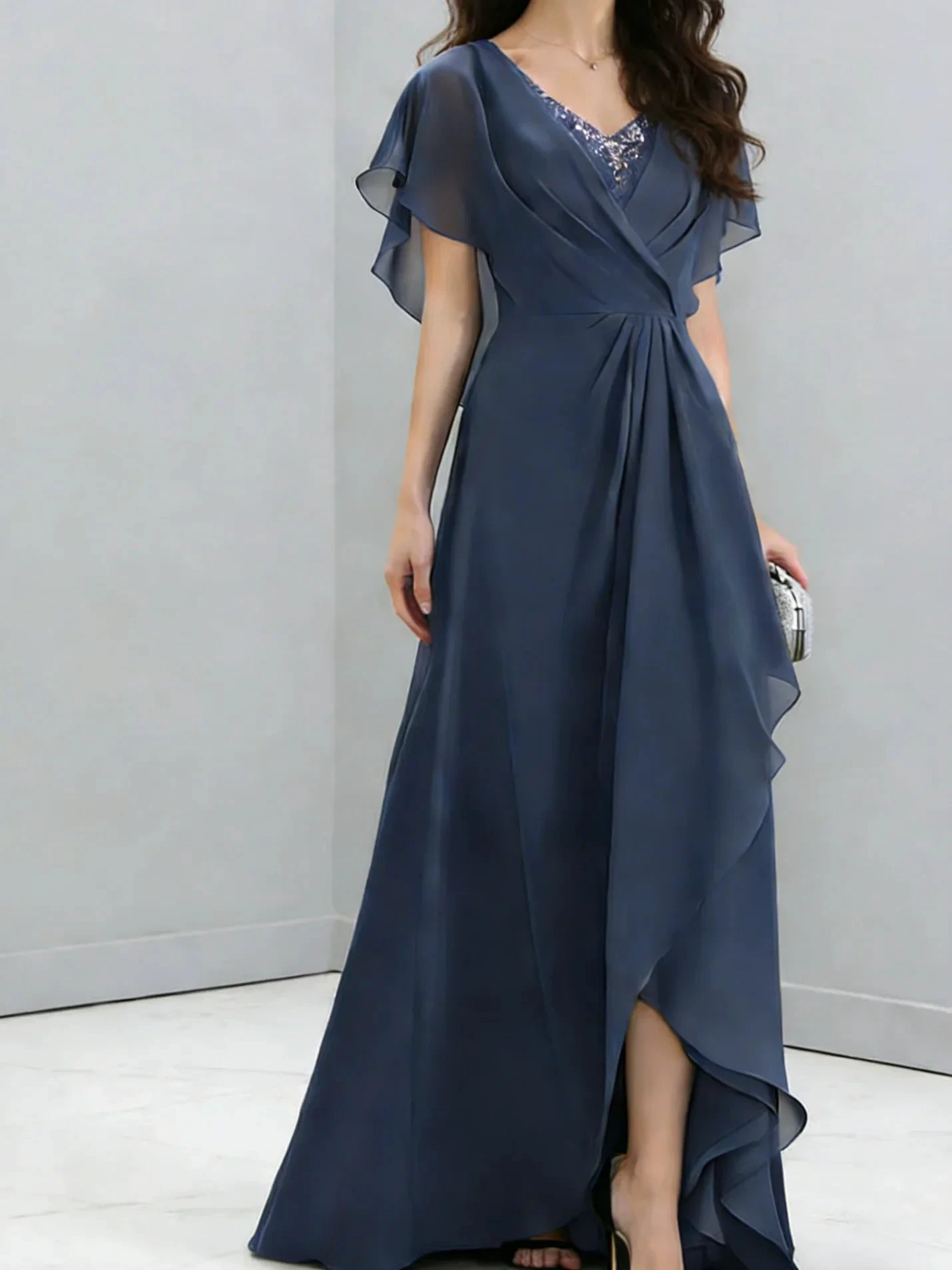 Navy Blue Chiffon Formal Gown