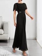A-line Scoop Ankle-Length Chiffon Mother of the Bride Dress With Beading Pleated