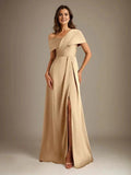 A-Line Asymmetrical Neckline Floor-Length Satin Mother of the Bride Dress With Pleated