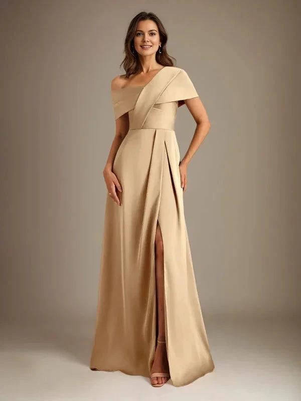 A-Line Asymmetrical Neckline Floor-Length Satin Mother of the Bride Dress With Pleated