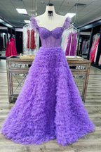 Ingrid |A Line Sweetheart Tiered Tulle Long Prom Dress With Slit