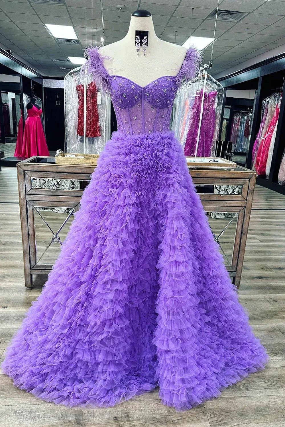 Ingrid |A Line Sweetheart Tiered Tulle Long Prom Dress With Slit