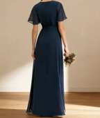 Navy Chiffon Bridesmaid Gown With Flutter Sleeves