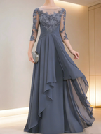 Dusty Gray Blue Lace Three Quarter Sleeve Evening Gown