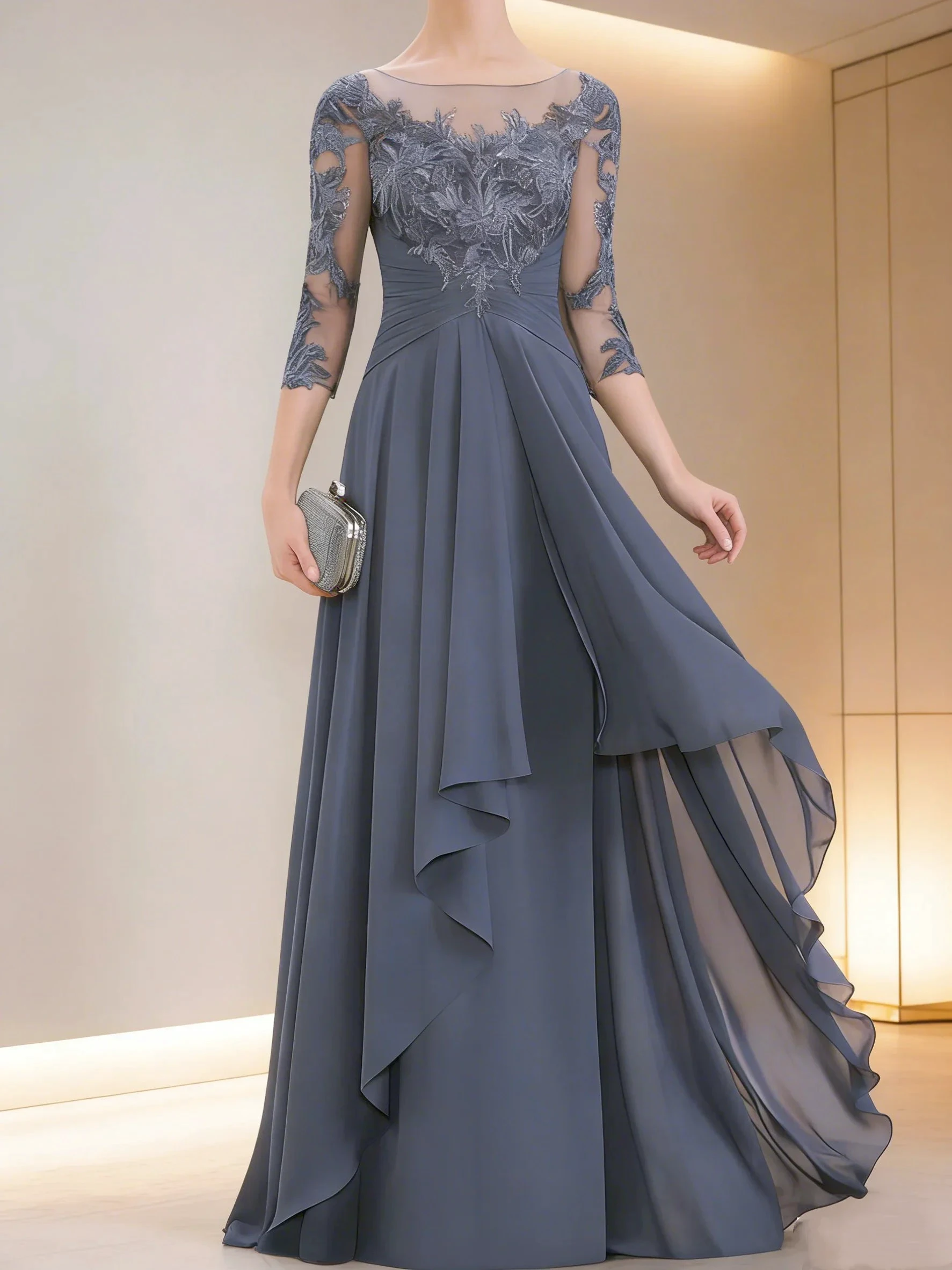 Dusty Gray Blue Lace Three Quarter Sleeve Evening Gown